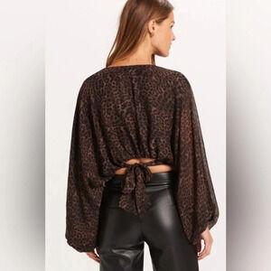 Kendall Lane Top Blouse Leopard Print Green Balloon Sleeve V-neck Sz S $285 Boho